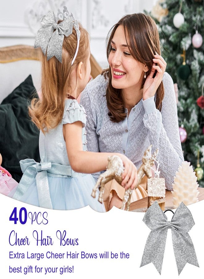 Yunsailing 40 Pcs 8 Inch Large Glitter Cheer Hair Bows Bulk, Shiny Cheerleading Bows Ponytail Holder for Cheerleader Girls Softball Sports and Christmas Tree Decor(Silver) - Image 5